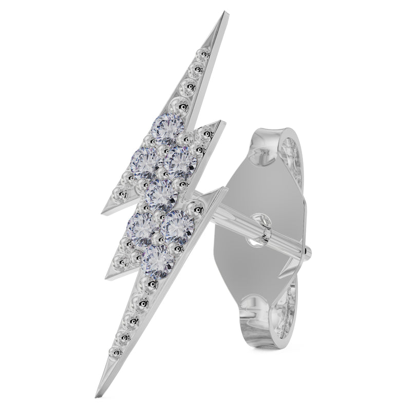 14k white gold diamond pavé lightning bolt stud earring with butterfly backing, angled view