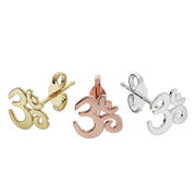 Om ohm 14k gold stud earring in yellow, rose, and white gold options side by side