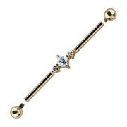 14K yellow gold triple CZ industrial barbell with detached threaded ends, close-up of prong-set CZ cluster