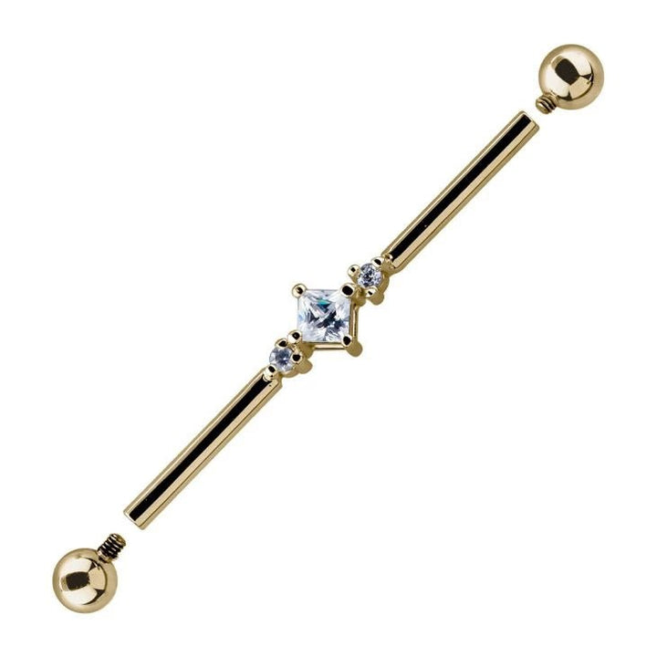 Triple Cubic Zirconia 14K Gold Internally Threaded Industrial Barbell