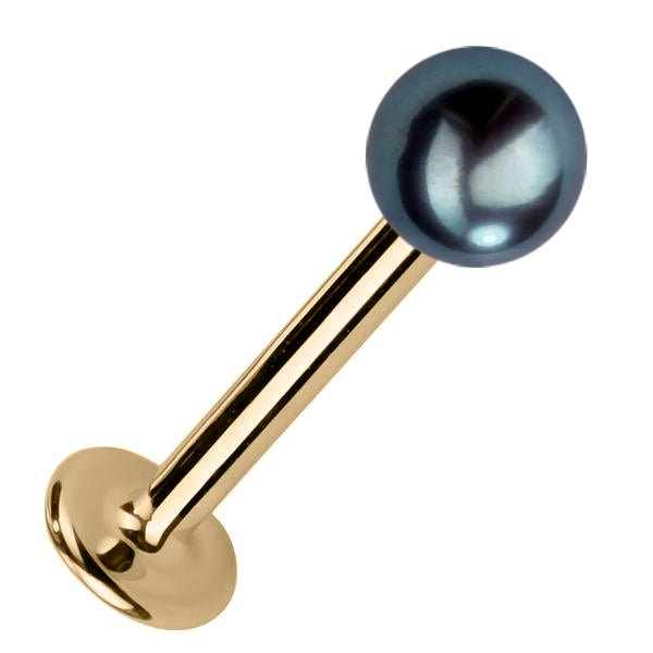 4mm peacock pearl flat back labret in 14k yellow gold, angled view showing post and disc