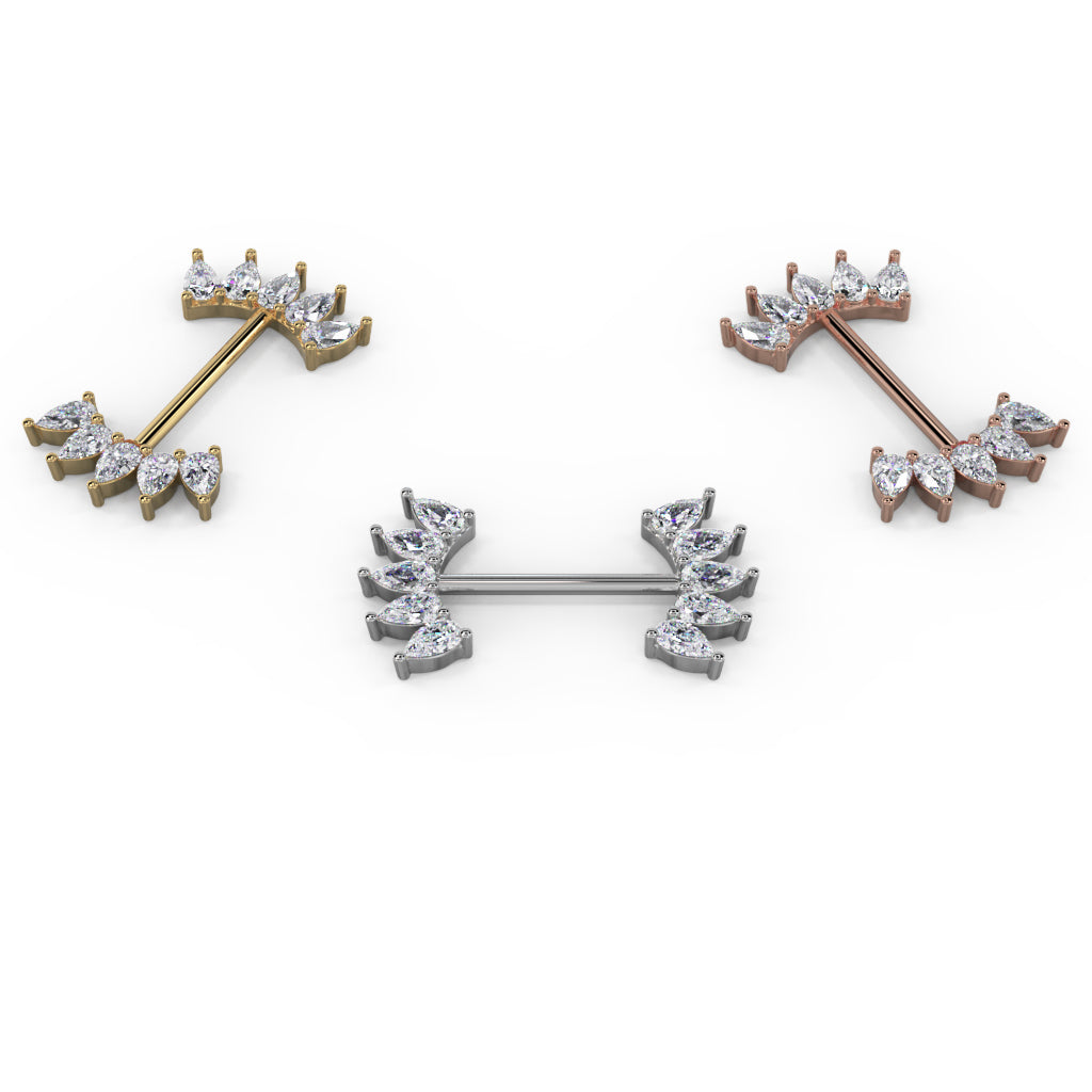 Gold Colors - Side View Yellow Gold White Sapphire 10 Pears Crescent 14k Gold Barbell Nipple Ring