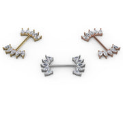 White sapphire crescent nipple barbell in all three 14k gold options: yellow, rose, and white gold