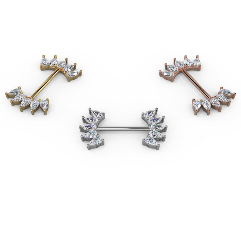 White sapphire crescent nipple barbell in all three 14k gold options: yellow, rose, and white gold