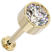 14k yellow gold 3.5mm diamond bezel flat back stud, overhead angled close-up showing diamond brilliance