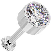 Overhead angled view of 14k white gold 4mm diamond bezel flat back labret showing post and disc