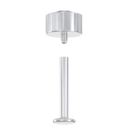 Exploded view of flat back labret showing threaded bezel top and post with flat disc base separated