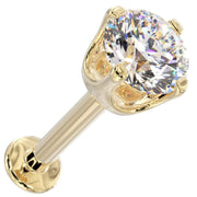 14k yellow gold flat back labret with 3.5mm CZ in high-set basket prong setting, angled view
