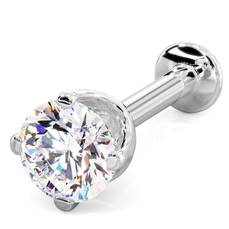 14k white gold 4mm CZ flat back labret stud, angled view showing prong setting and flat disc backing