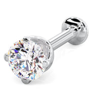 14k white gold flat back labret with 3.5mm CZ basket prong setting, angled front view