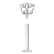 Disassembled 14k white gold CZ flat back labret showing threaded top and clear flat back post separately