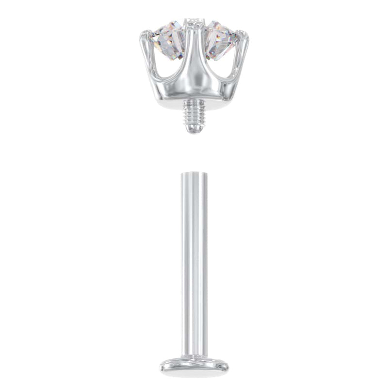 Exploded view of white gold CZ labret showing threaded top end separated from flat back post
