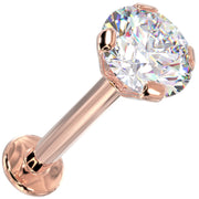 14k rose gold 4mm CZ flat back labret with martini prong setting, angled product view