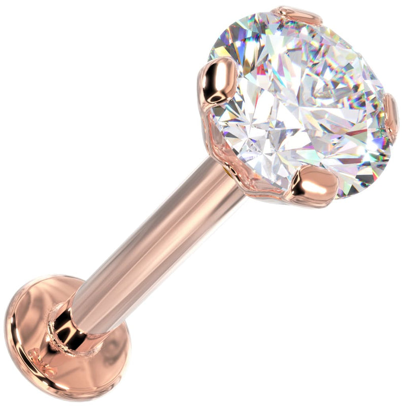 14k rose gold 3.5mm CZ flat back labret with martini prong setting, angled product view