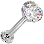 14k white gold 4mm CZ flat back labret with martini prong setting, angled product view