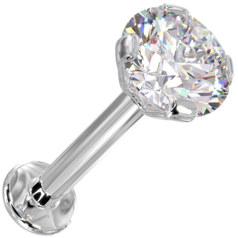 14k white gold 4mm CZ flat back labret with martini prong setting, angled product view
