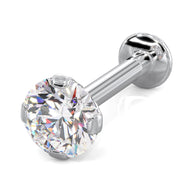 14k white gold 3.5mm CZ flat back labret, angled view showing martini prong setting and flat disc