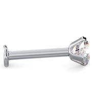 Side profile of white gold 4mm diamond flat back labret showing low-set prong setting and post