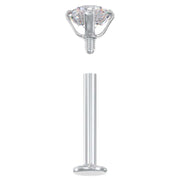 14k white gold CZ flat back labret shown disassembled with CZ top separated from post and disc