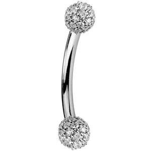 14K white gold curved barbell with diamond pavé 4mm balls, cool silver tone side profile view