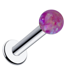 4mm purple opal flat back labret in 14k white gold, showing cool-toned post and disc