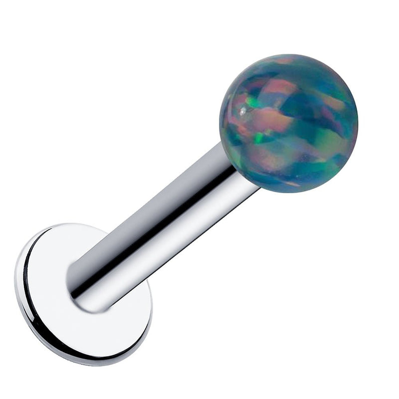 4mm teal opal flat back labret in 14k white gold, showing iridescent opal ball and silver-toned post