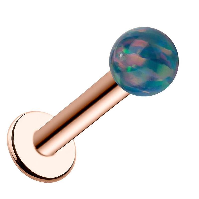 4mm teal synthetic opal flat back labret in 14k rose gold with warm pink-toned post and flat disc