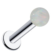 4mm white opal flat back labret in 14k white gold, angled view highlighting cool-toned post and disc