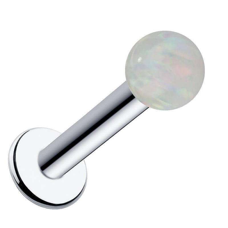 4mm white opal flat back labret in 14k white gold, angled view highlighting cool-toned post and disc