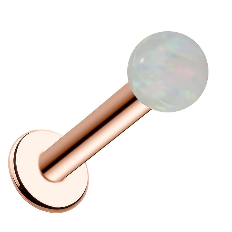 4mm white opal flat back labret in 14k rose gold, angled view showing warm pink-toned post and flat back