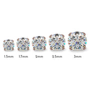 Diamond nose stud size comparison showing 1.5mm through 3mm stones in 4-prong settings from above