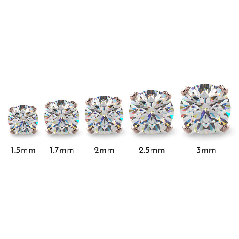 Diamond nose stud size comparison showing 1.5mm through 3mm stones in 4-prong settings from above