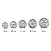 Bezel diamond nose stud size comparison chart: 1.5mm through 3mm options side by side