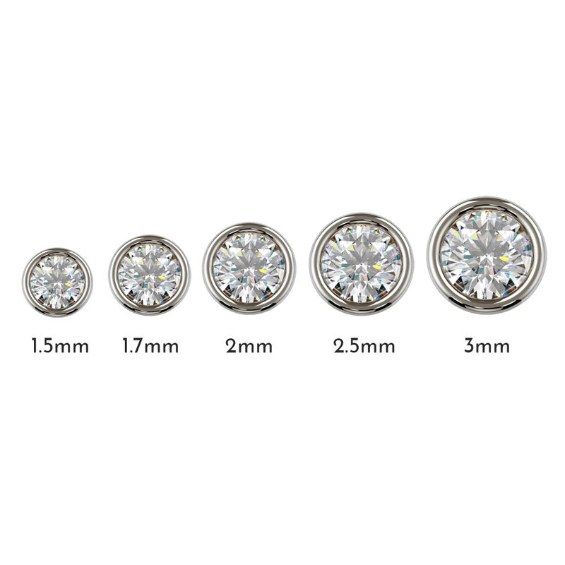 Bezel diamond nose stud size comparison chart: 1.5mm through 3mm options side by side