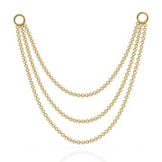 14k yellow gold three-link piercing chain connector, 80mm, extra-wide triple drape with ring clasps, front view