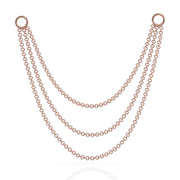 14k rose gold three-link piercing chain connector, 100mm, longest triple layered drape with ring clasps, front view