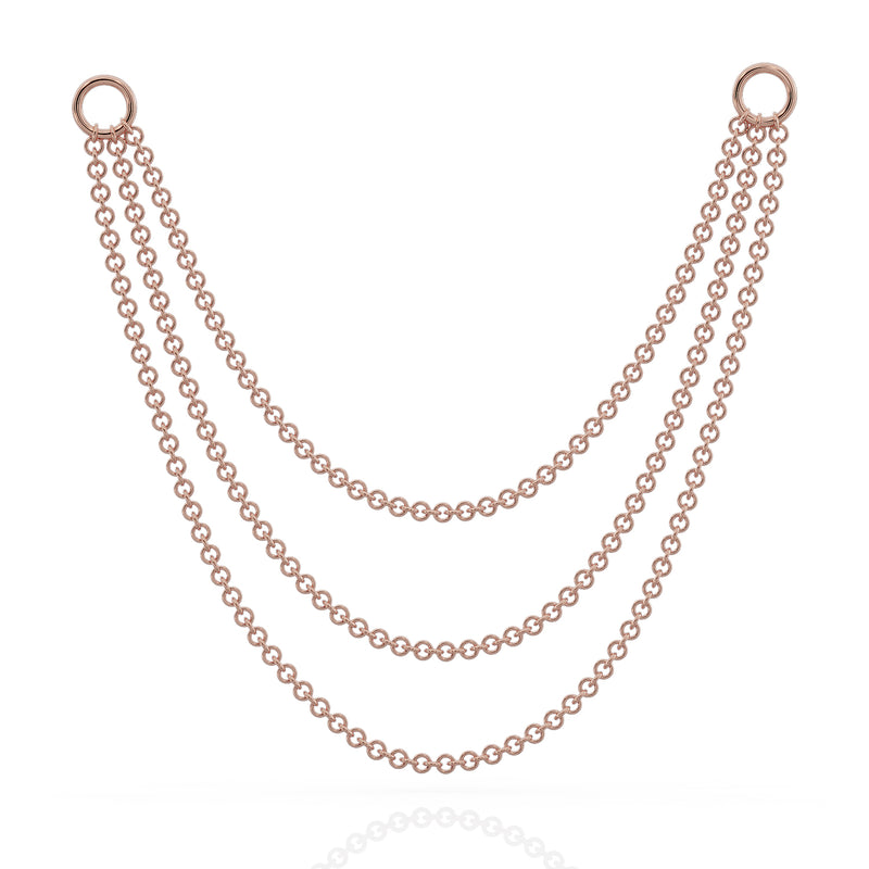 14k rose gold three-link piercing chain connector, 100mm, longest triple layered drape with ring clasps, front view