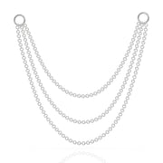 14k white gold three-link piercing chain connector, 100mm, wide triple drape with polished ring clasps, front view
