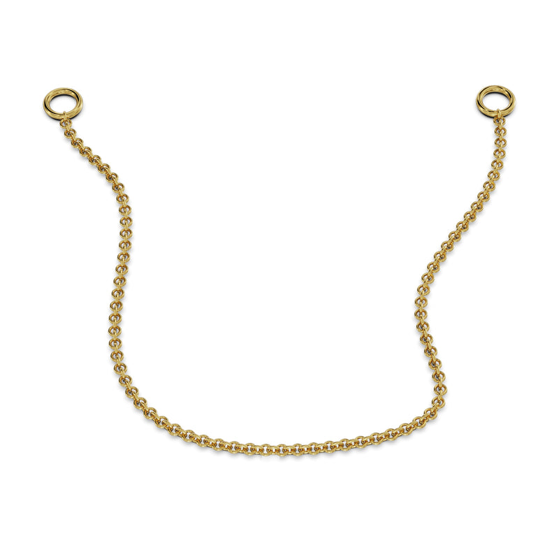 Close-up front view of 14k yellow gold rolo link chain piercing connector showing link detail