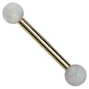 14k yellow gold straight barbell with two white simulated opal ball ends, front view