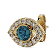 14k yellow gold evil eye diamond stud earring with blue topaz center, angled view showing post and butterfly back