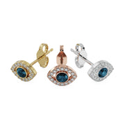 Evil eye diamond and blue topaz stud earring shown in all three metal options: 14k yellow, rose, and white gold