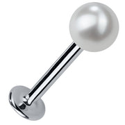 5mm cultured pearl flat back labret stud in 14K white gold, angled view showing post and flat disc