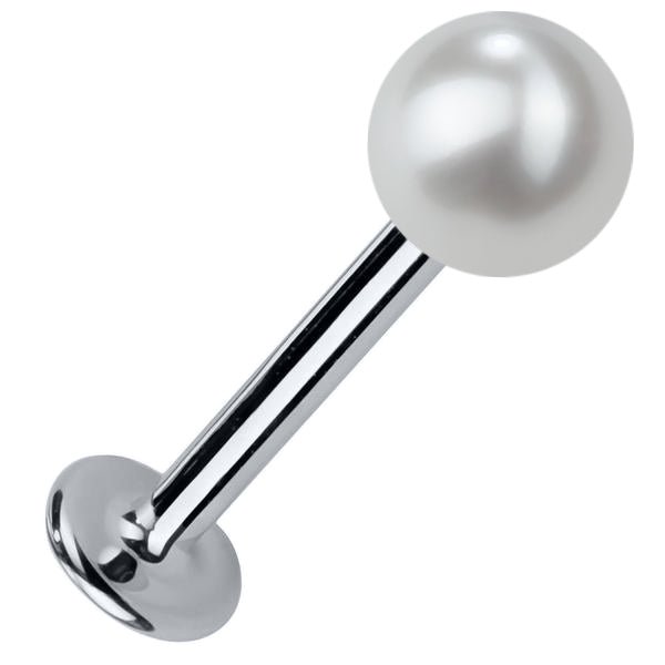 5mm cultured pearl flat back labret stud in 14K white gold, angled view showing post and flat disc