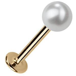 5mm cultured pearl flat back labret stud in 14K yellow gold, angled view showing post and disc