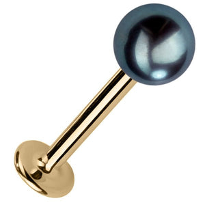 5mm cultured peacock pearl flat back labret stud in 14k yellow gold, angled view
