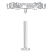 Reverse view of white sapphire crescent stud showing internally threaded post and flat back disc