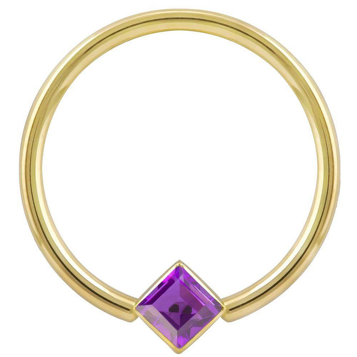 Purple Cubic Zirconia Princess Cut Corner Mount 14k Gold Captive Bead Ring-14K Yellow Gold   12G (2.0mm)   3 4" (19mm)