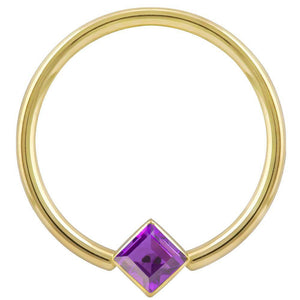 14k yellow gold fixed bead ring with purple princess-cut CZ in corner-mount bezel, front view