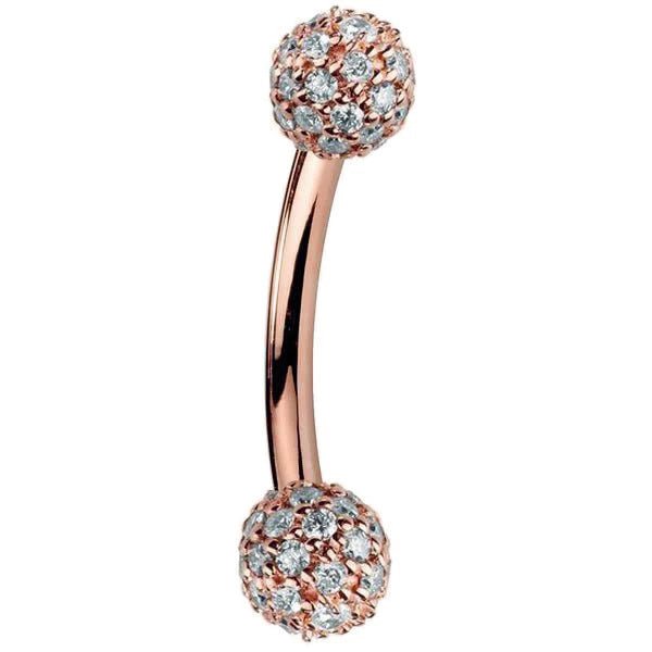 14K rose gold curved barbell with diamond pavé 5mm balls, blush pink gold tone side view